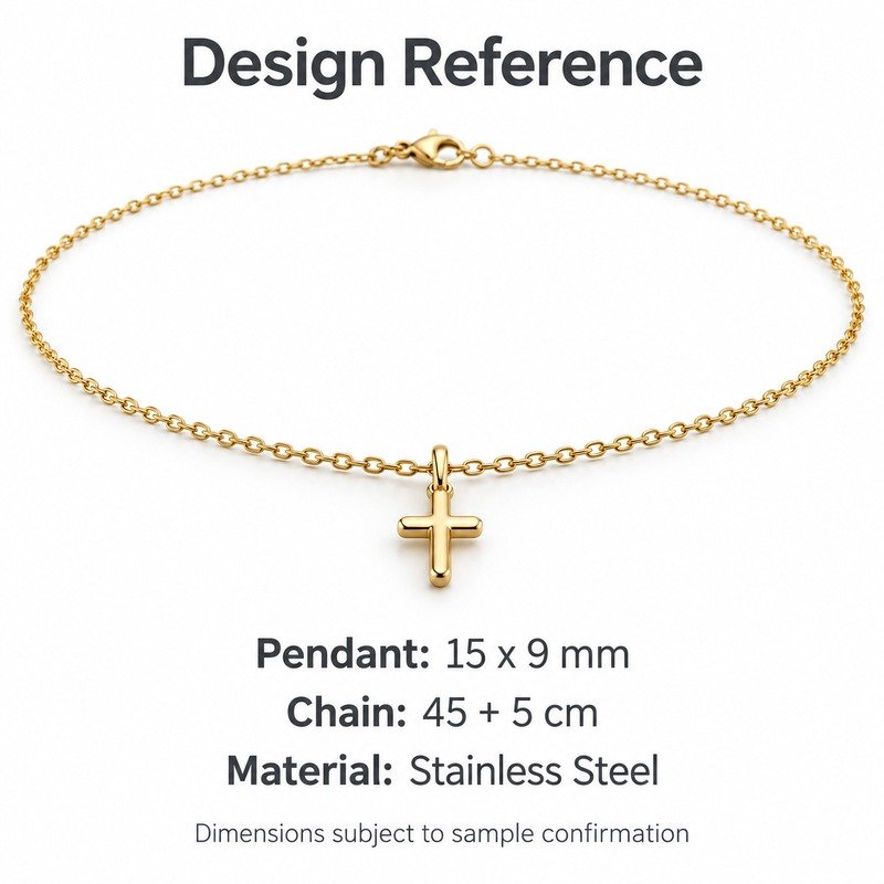 womens gold Stainless Steel petite cross pendant necklace, design reference dimensions and material specifications