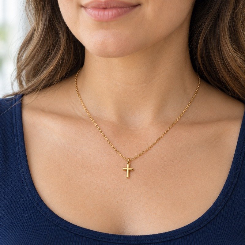 womens gold Stainless Steel petite cross pendant necklace, worn by an adult model