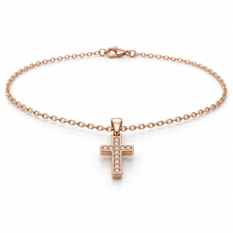 womens rose gold Stainless Steel crystal cross pendant necklace, at a 45-degree angle on white