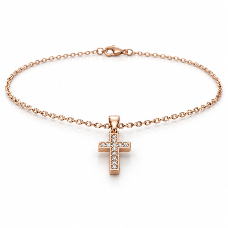 womens rose gold Stainless Steel crystal cross pendant necklace, at a 45-degree angle on white
