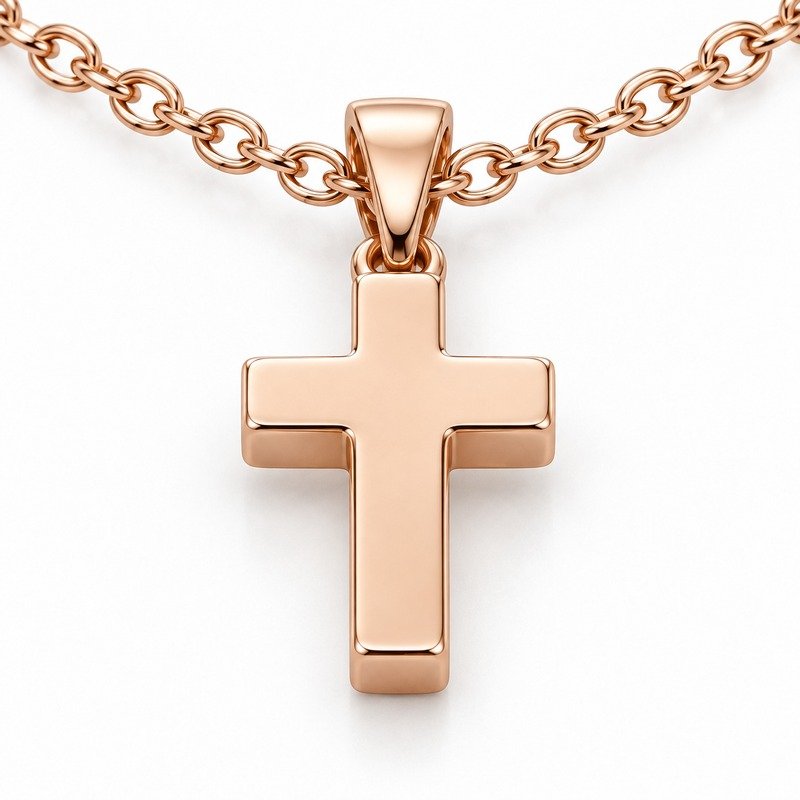 womens rose gold Stainless Steel crystal cross pendant necklace, reverse side and connection structure on white