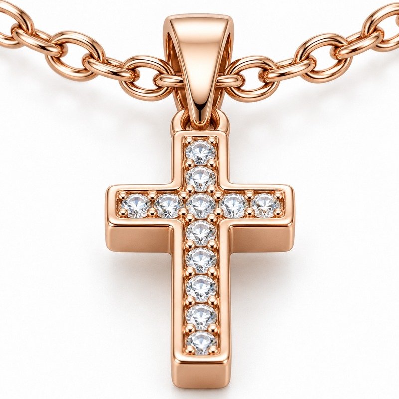 womens rose gold Stainless Steel crystal cross pendant necklace, material and craftsmanship close-up