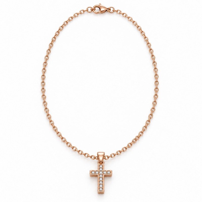 womens rose gold Stainless Steel crystal cross pendant necklace, front view on white