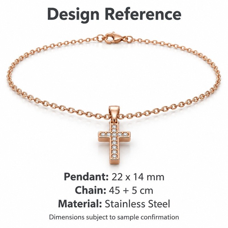 womens rose gold Stainless Steel crystal cross pendant necklace, design reference dimensions and material specifications