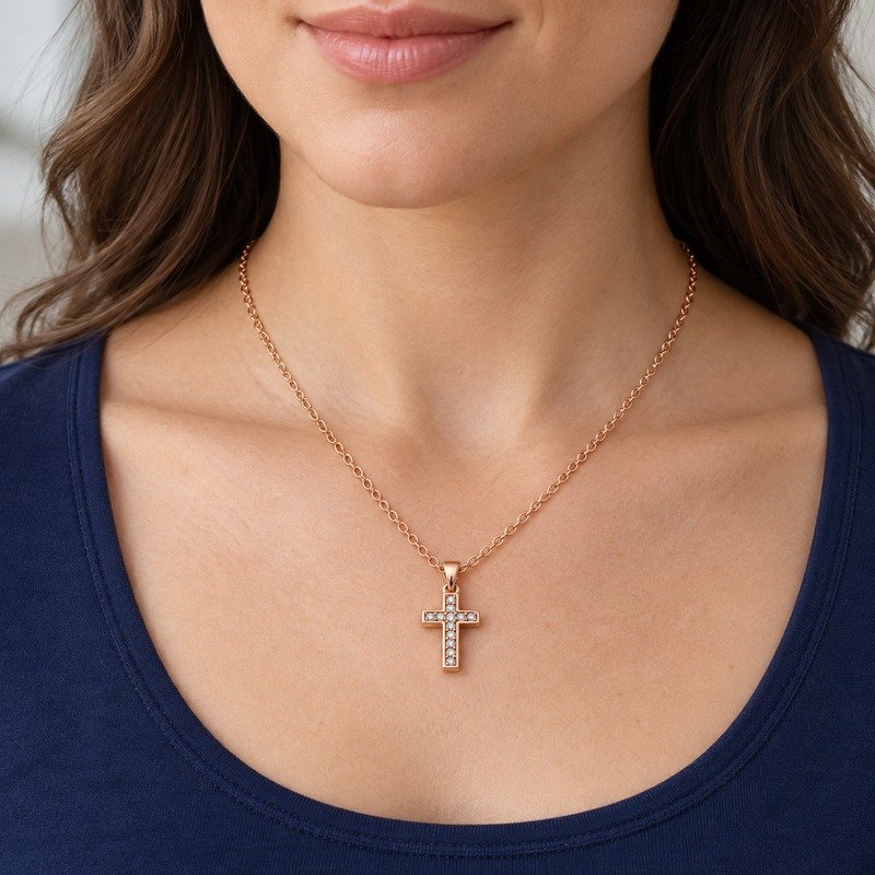 womens rose gold Stainless Steel crystal cross pendant necklace, worn by an adult model
