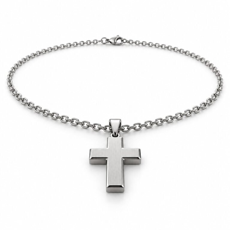 mens silver Stainless Steel brushed cross pendant necklace, at a 45-degree angle on white
