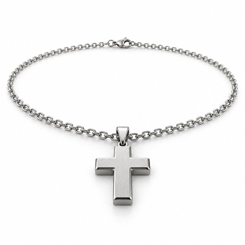 mens silver Stainless Steel brushed cross pendant necklace, at a 45-degree angle on white