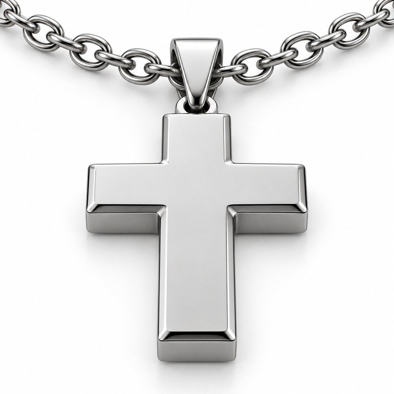 mens silver Stainless Steel brushed cross pendant necklace, reverse side and connection structure on white