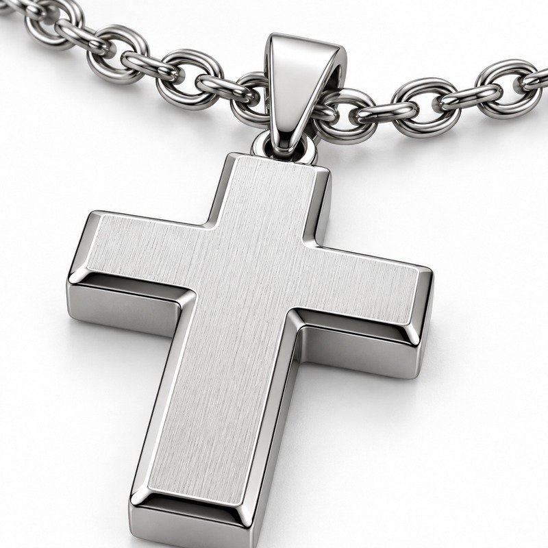 mens silver Stainless Steel brushed cross pendant necklace, material and craftsmanship close-up