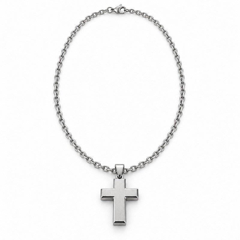 mens silver Stainless Steel brushed cross pendant necklace, front view on white