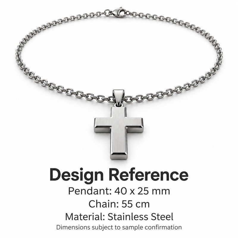 mens silver Stainless Steel brushed cross pendant necklace, design reference dimensions and material specifications