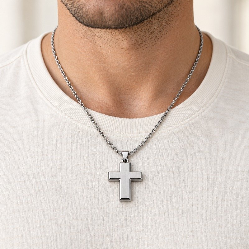 mens silver Stainless Steel brushed cross pendant necklace, worn by an adult model