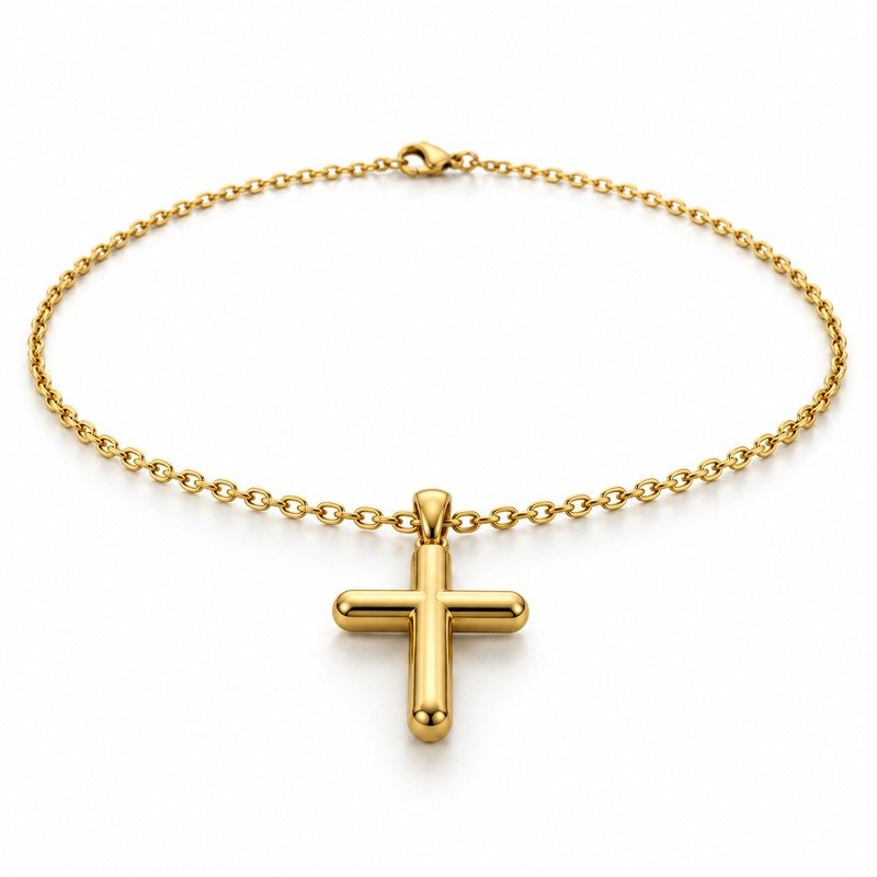mens gold Stainless Steel rounded cross pendant necklace, at a 45-degree angle on white
