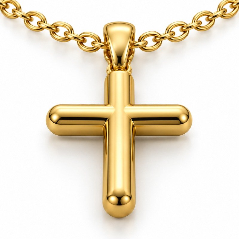 mens gold Stainless Steel rounded cross pendant necklace, reverse side and connection structure on white