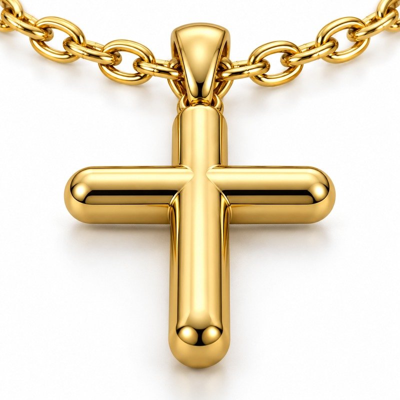 mens gold Stainless Steel rounded cross pendant necklace, material and craftsmanship close-up