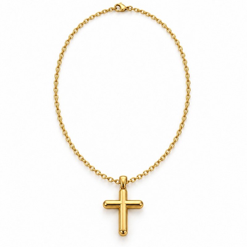 mens gold Stainless Steel rounded cross pendant necklace, front view on white