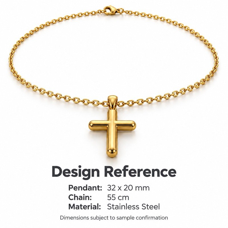 mens gold Stainless Steel rounded cross pendant necklace, design reference dimensions and material specifications
