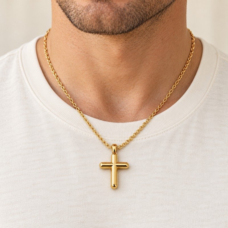 mens gold Stainless Steel rounded cross pendant necklace, worn by an adult model