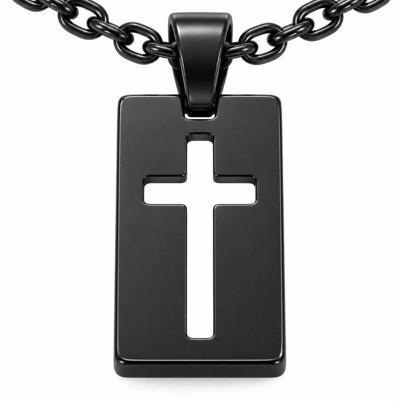 mens black Stainless Steel cutout cross pendant necklace, reverse side and connection structure on white