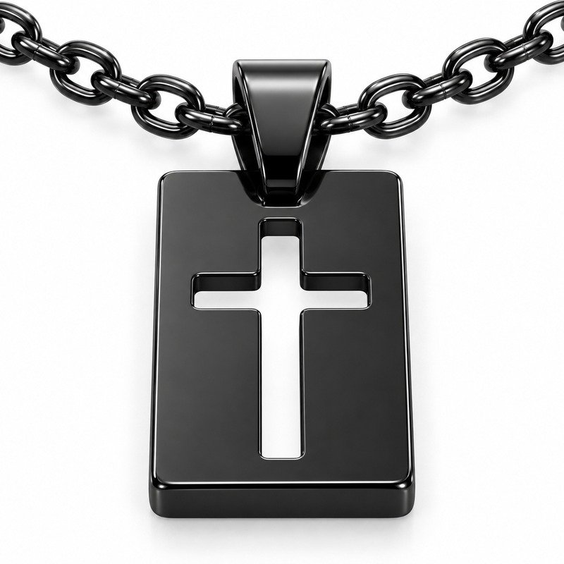 mens black Stainless Steel cutout cross pendant necklace, material and craftsmanship close-up