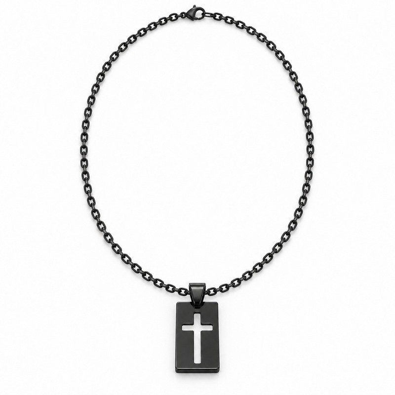mens black Stainless Steel cutout cross pendant necklace, front view on white