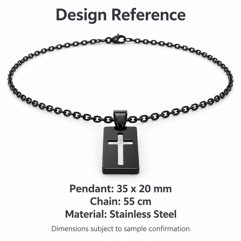 mens black Stainless Steel cutout cross pendant necklace, design reference dimensions and material specifications