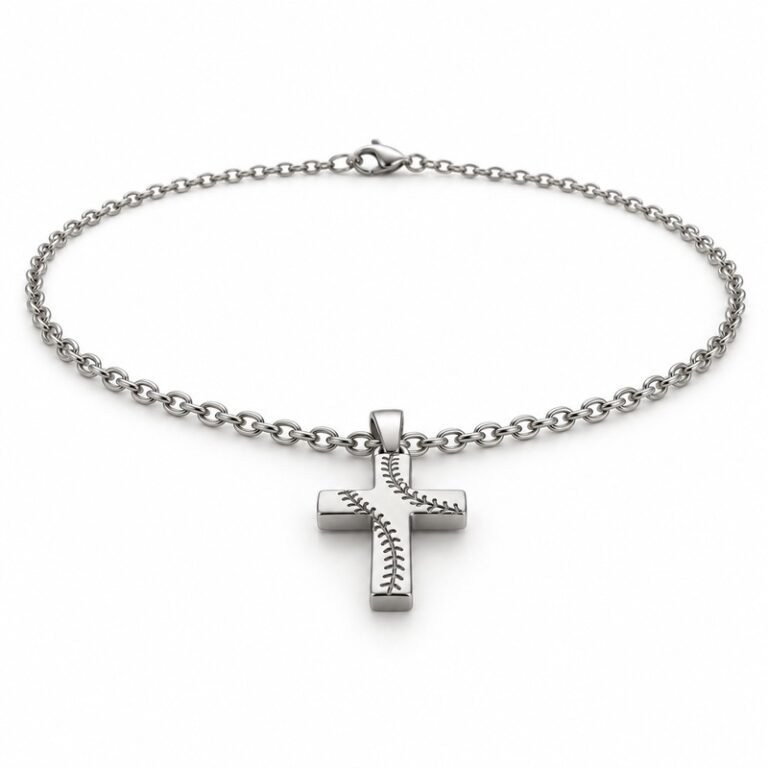 mens silver Stainless Steel baseball cross pendant necklace, at a 45-degree angle on white