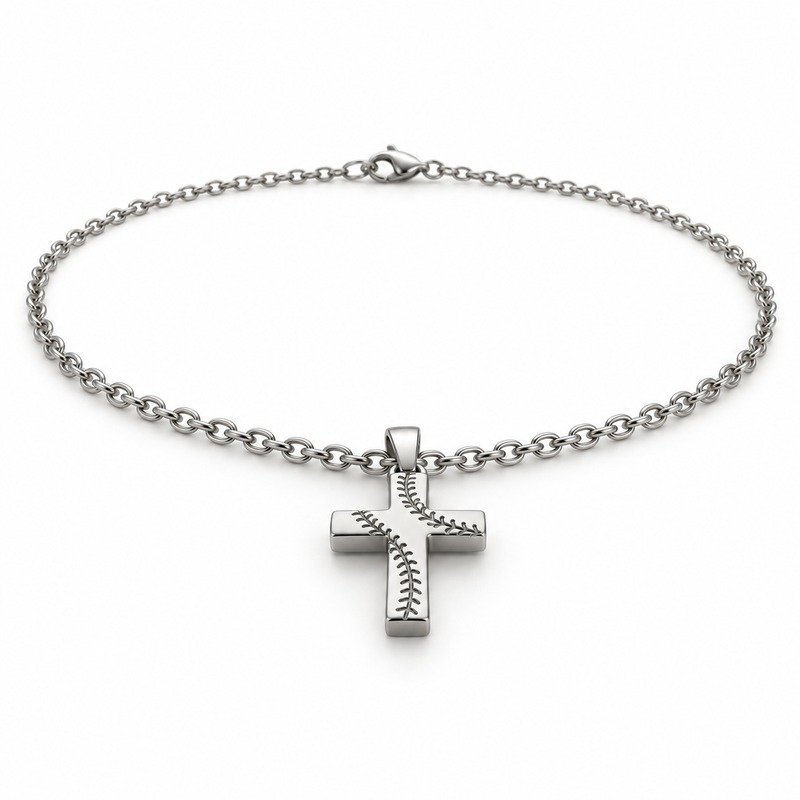 mens silver Stainless Steel baseball cross pendant necklace, at a 45-degree angle on white