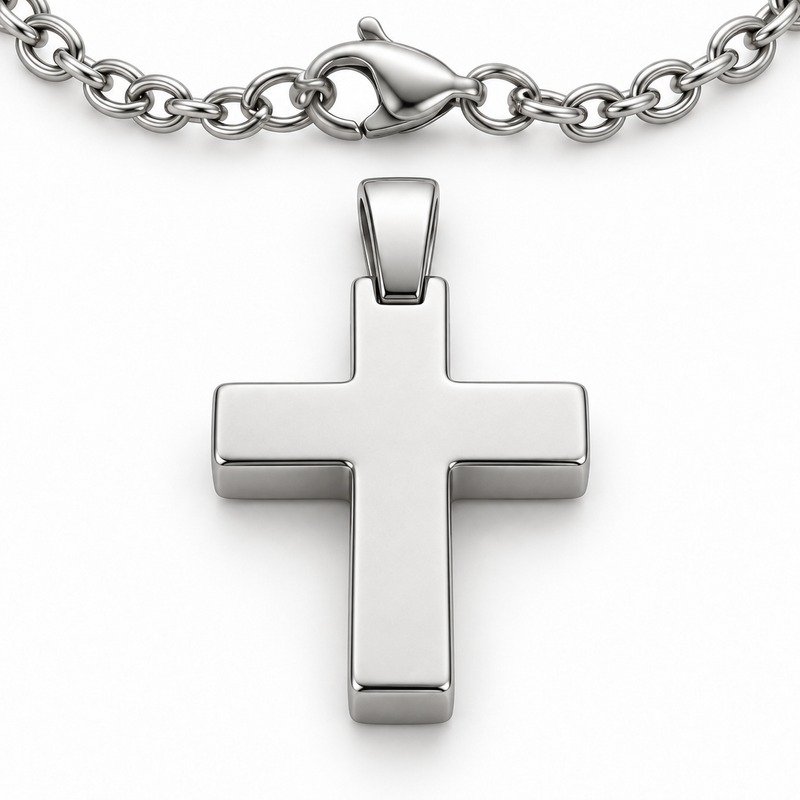 mens silver Stainless Steel baseball cross pendant necklace, reverse side and connection structure on white