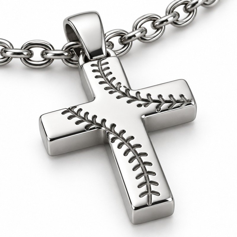 mens silver Stainless Steel baseball cross pendant necklace, material and craftsmanship close-up