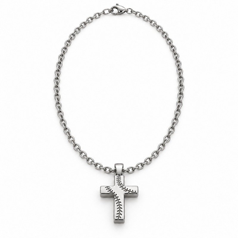 mens silver Stainless Steel baseball cross pendant necklace, front view on white