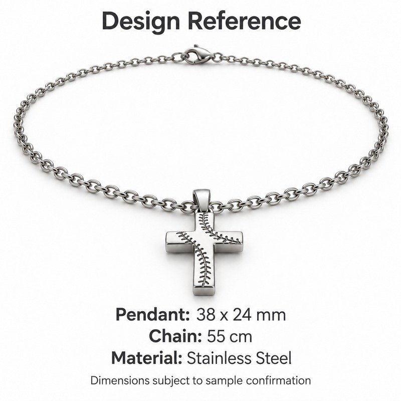 mens silver Stainless Steel baseball cross pendant necklace, design reference dimensions and material specifications