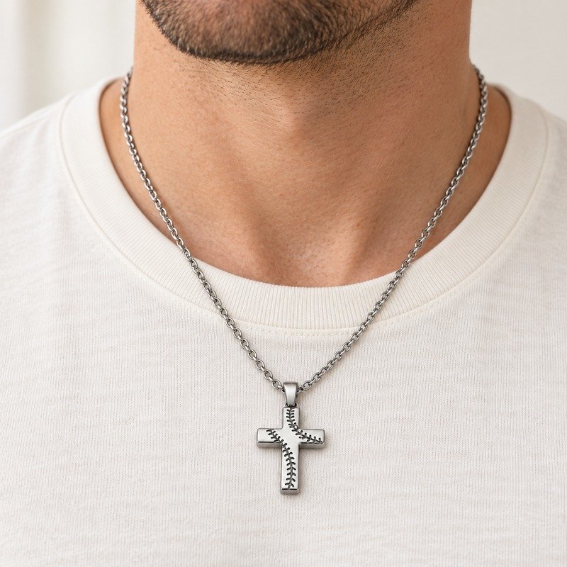 mens silver Stainless Steel baseball cross pendant necklace, worn by an adult model