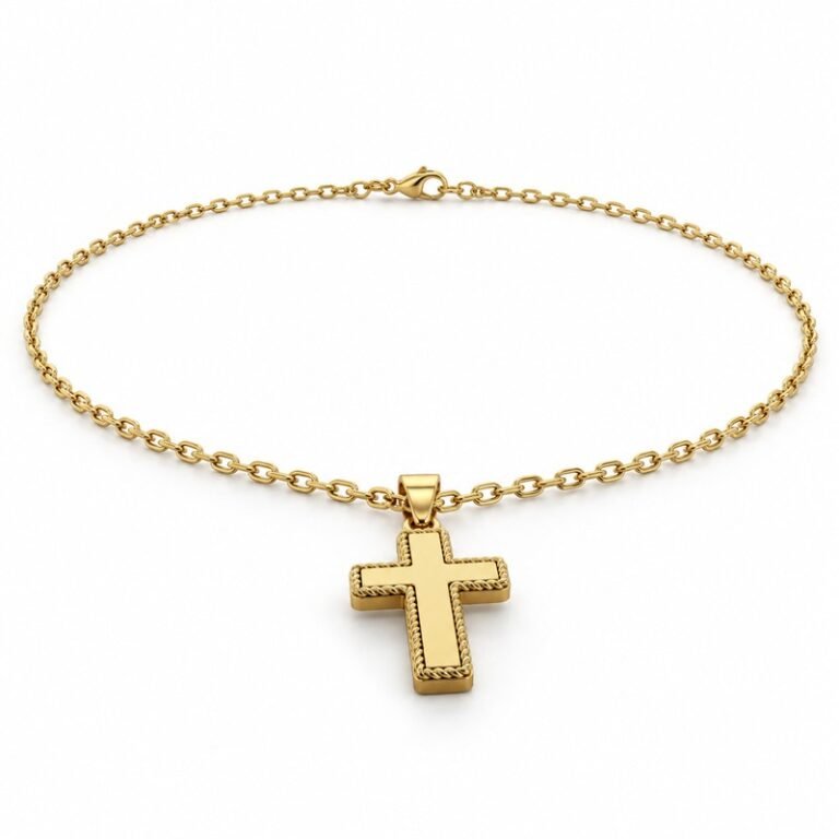 mens gold Stainless Steel rope edge cross pendant necklace, at a 45-degree angle on white