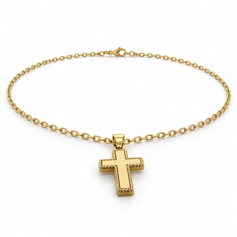 mens gold Stainless Steel rope edge cross pendant necklace, at a 45-degree angle on white