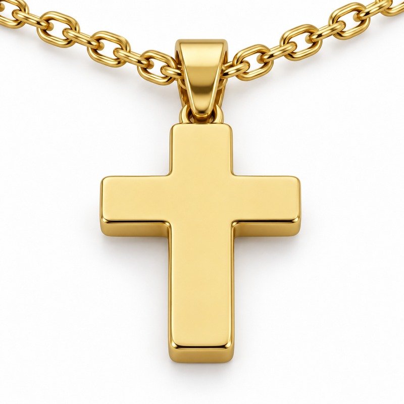 mens gold Stainless Steel rope edge cross pendant necklace, reverse side and connection structure on white