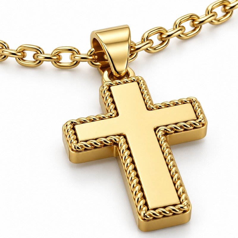 mens gold Stainless Steel rope edge cross pendant necklace, material and craftsmanship close-up