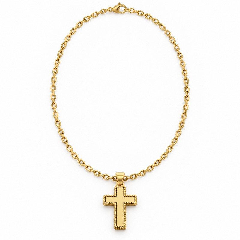 mens gold Stainless Steel rope edge cross pendant necklace, front view on white