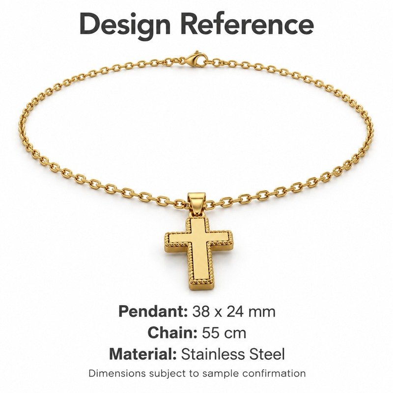 mens gold Stainless Steel rope edge cross pendant necklace, design reference dimensions and material specifications