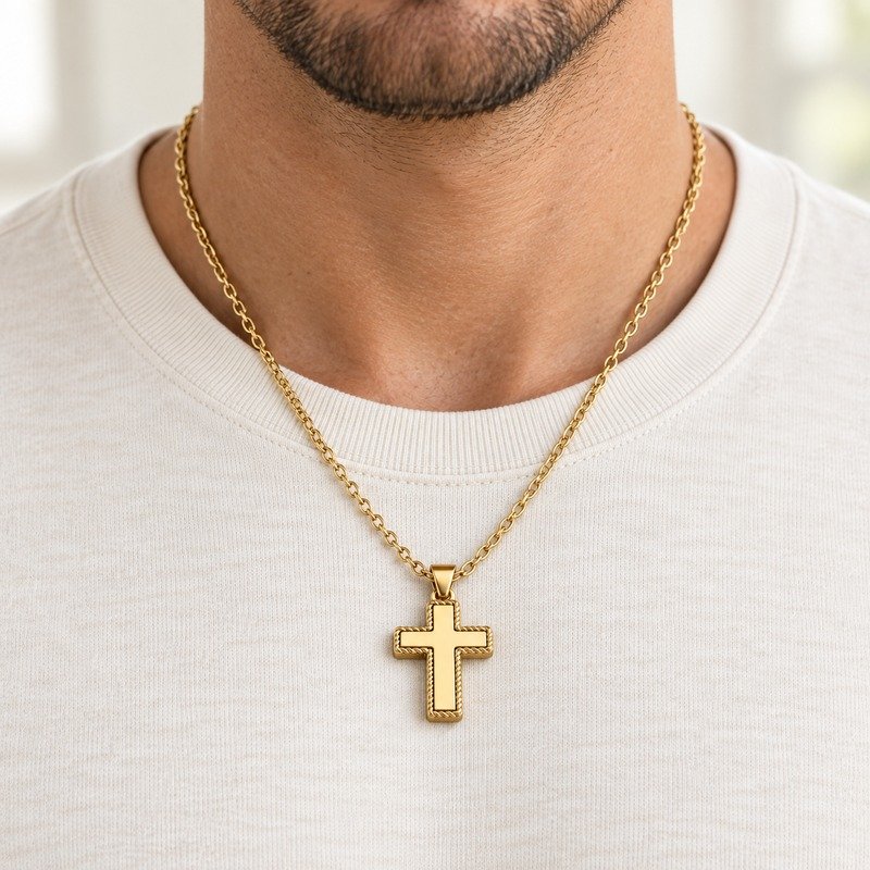 mens gold Stainless Steel rope edge cross pendant necklace, worn by an adult model