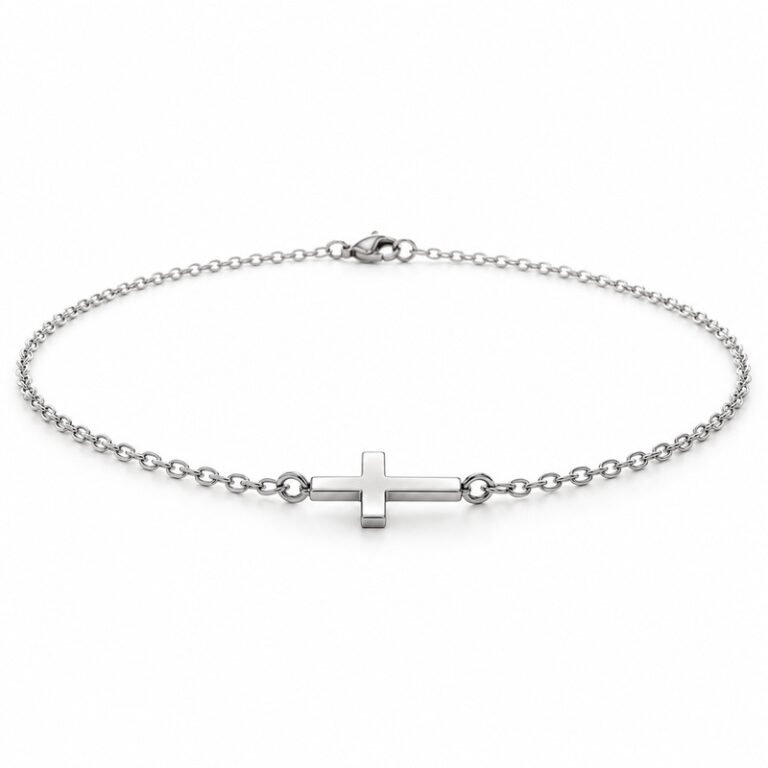 womens silver Stainless Steel sideways cross pendant necklace, at a 45-degree angle on white
