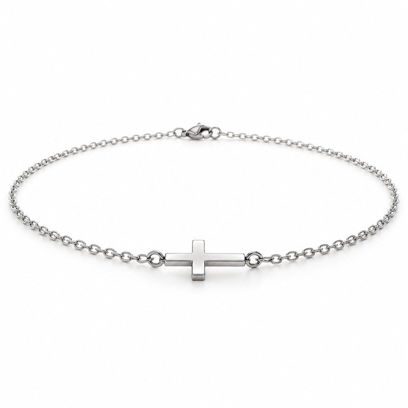womens silver Stainless Steel sideways cross pendant necklace, at a 45-degree angle on white
