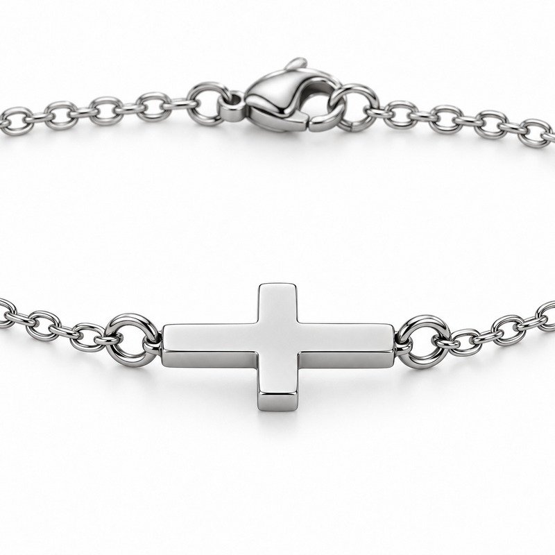 womens silver Stainless Steel sideways cross pendant necklace, reverse side and connection structure on white