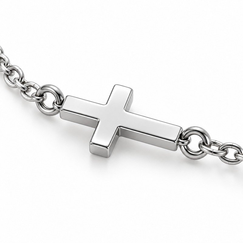 womens silver Stainless Steel sideways cross pendant necklace, material and craftsmanship close-up