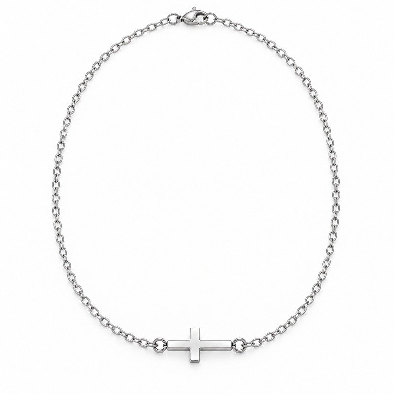 womens silver Stainless Steel sideways cross pendant necklace, front view on white