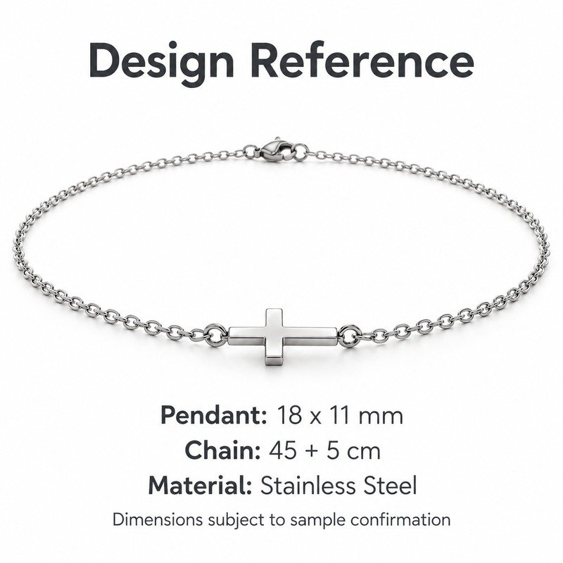 womens silver Stainless Steel sideways cross pendant necklace, design reference dimensions and material specifications