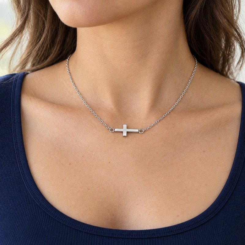 womens silver Stainless Steel sideways cross pendant necklace, worn by an adult model