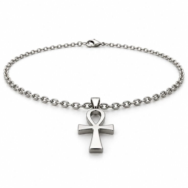 mens silver Stainless Steel ankh pendant necklace, at a 45-degree angle on white