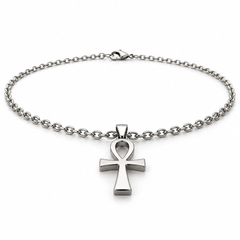 mens silver Stainless Steel ankh pendant necklace, at a 45-degree angle on white