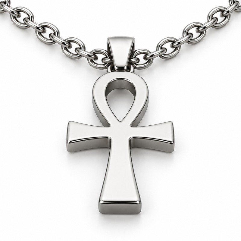mens silver Stainless Steel ankh pendant necklace, reverse side and connection structure on white